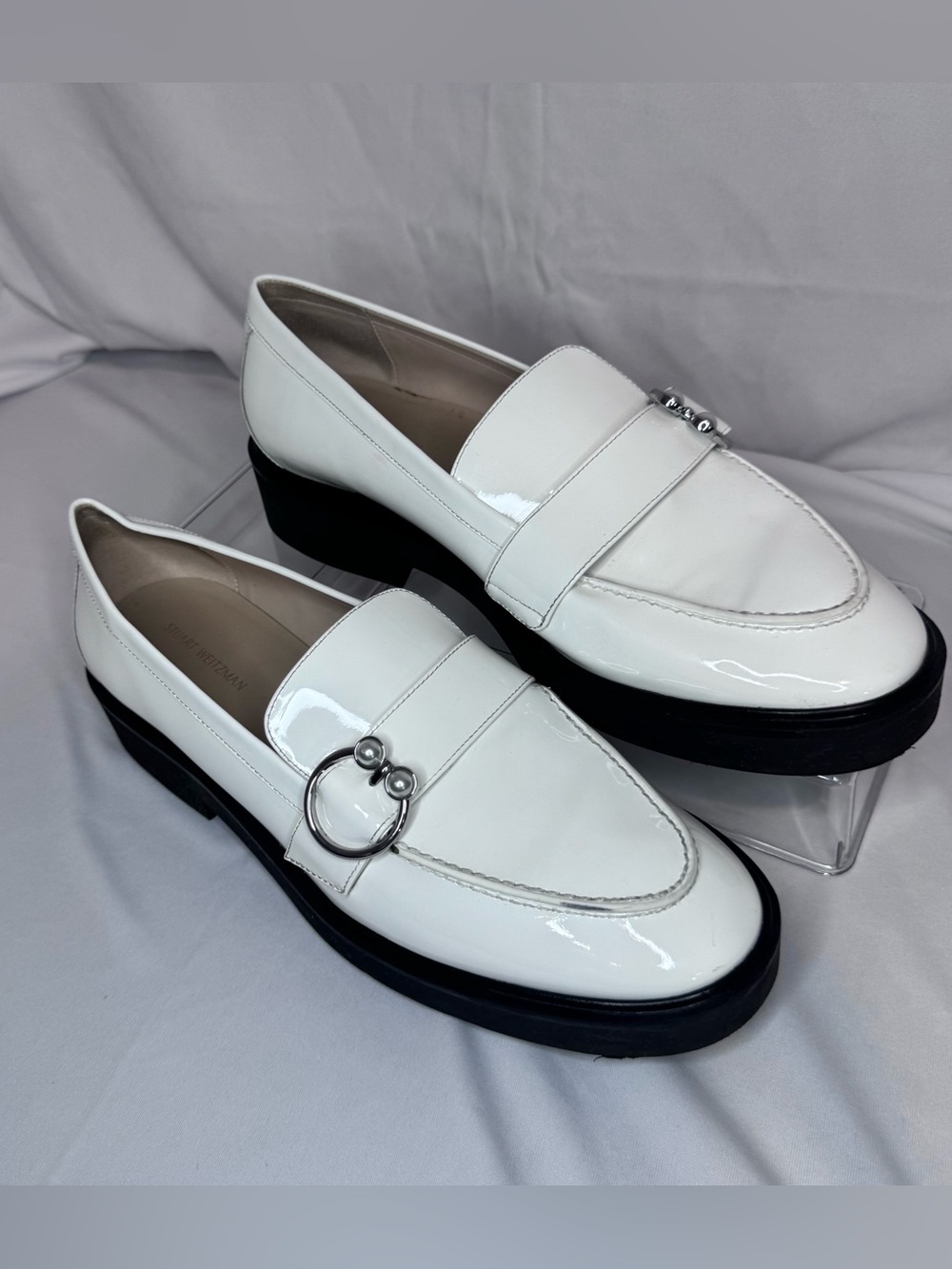 Stuart Weitzman White Patent Leather Silver Ring w/ Pearl Chunky Platform Loafer
